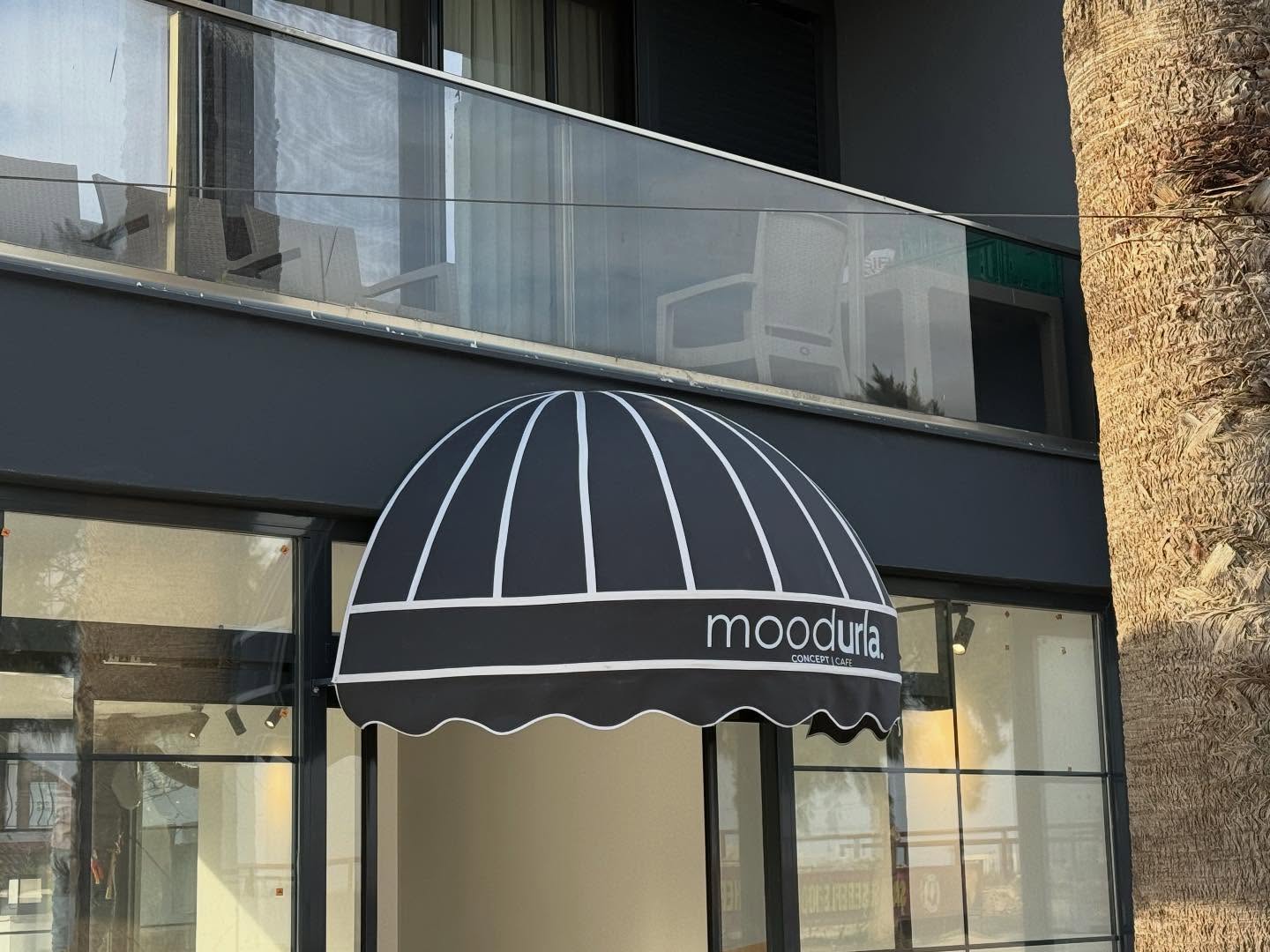 Kafe giriş oval tente — özel logolu dome model