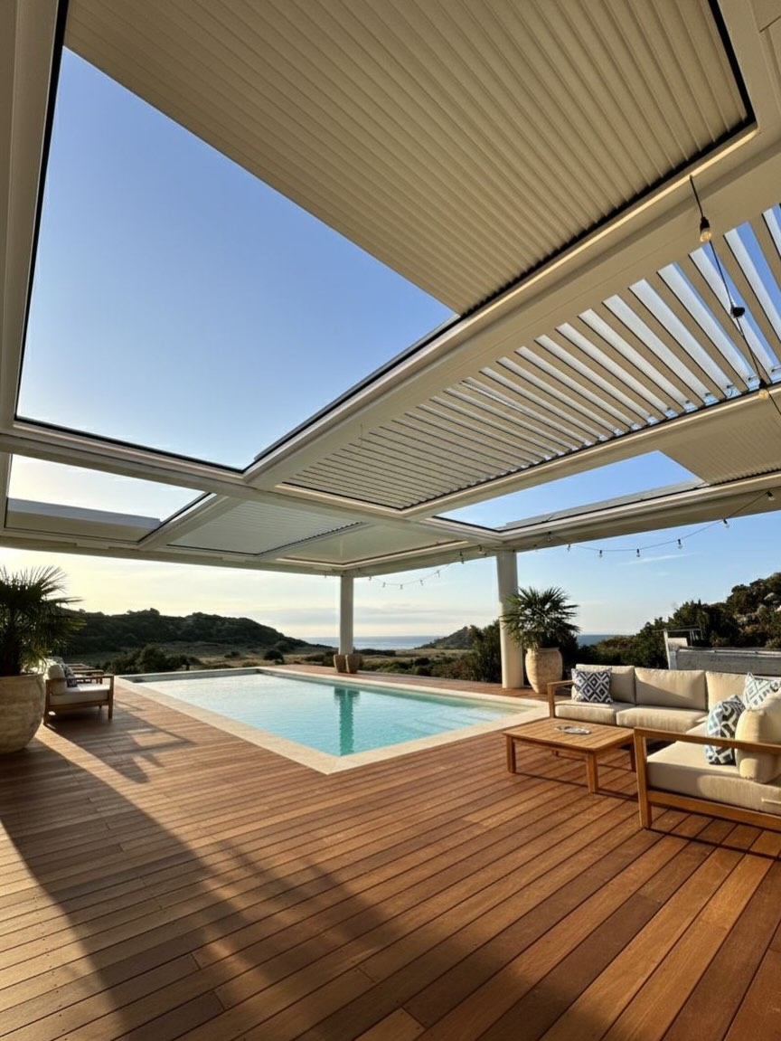Rolling roof pergola havuz başı — açık pozisyon, deniz manzarası